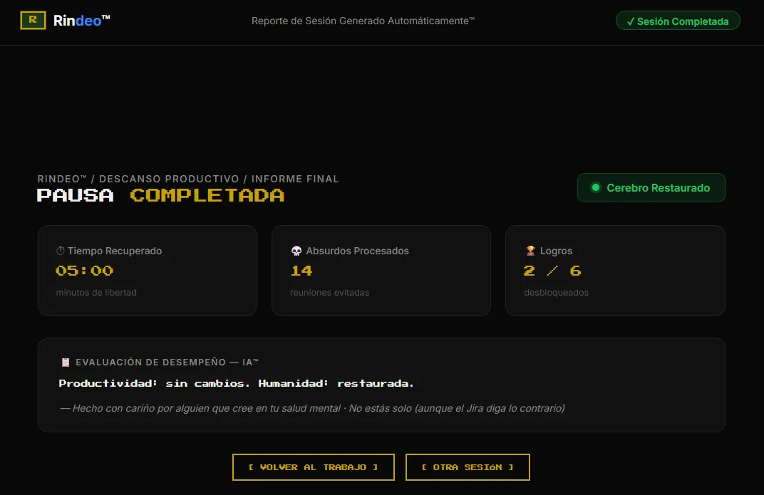 Pantalla de cierre de Rindeo